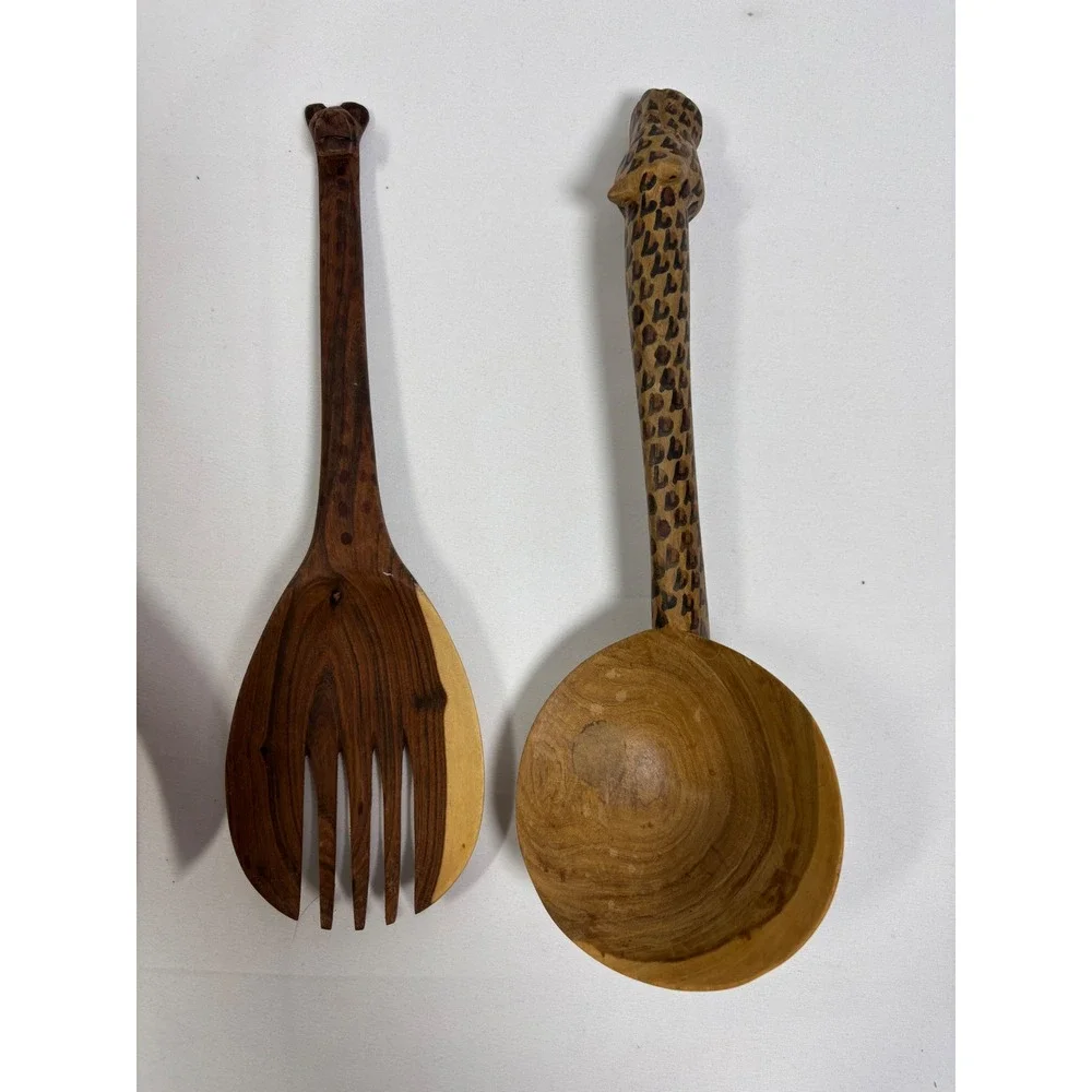 Vintage Hand Carved Wood Giraffe Salad Servers Ladle Set 4pc Safari Boho Decor